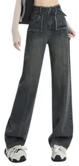 [kanaelun] [カナエルン] デニム レディース ストレート フレア デニムパンツ ウォッシュ加工 ジーパン ジーンズ レギュラー 足長 腰高 ハイウエスト ダメージ ウォッシュ 調整 可愛い 着やせ 体型カバー ワイド ゆったり [ネイビー] [L]