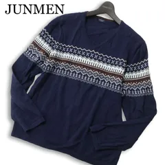 JUNMEN ジュンメン 春夏★ 麻 リネン Vネック ノルディック柄 サマー セーター ニット カットソー Sz.L メンズ ネイビーのサムネイル