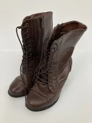 ブーツ M ブラウン 合成皮革/人工皮革 無地 ミドル ポインテッドトゥ レースアップ 紐 ジップアップ 太ヒール ストレートチップ