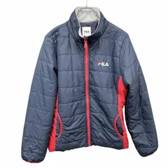 【中古】[印象AB] FILA GOLF フィラゴルフ ジャケット レディース L ネイビー×レッド 紺×赤 ポリ100% ロゴ刺繍 内ポケット無し チンガード 中綿 チェッカー柄 ハイネック ジップアップ 長袖のサムネイル