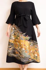 一点物 着物リメイク ワンピース ドレス 黒留袖 正絹 鳳凰花松文 金彩