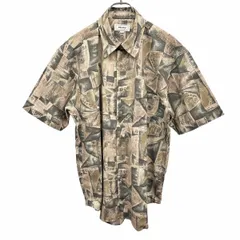 古着 ミラノ MILANO シャツ 総柄 アート柄 胸ポケット 半袖 レギュラーカラー ショートスリーブ ポリ×綿 M ブラウン×グリーン 茶×緑 メンズ