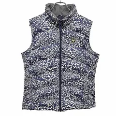 【中古】[印象AB] LANDS END ランズエンド ダウンベスト レディース L ネイビー 紺×白×黒×ゴールド ポリ100%(ダウン80%＋フェザー20%) ハイネック ジップアップ ポケットがドットボタン留め 内ポケット無し ヒョウ柄風の花柄のサムネイル