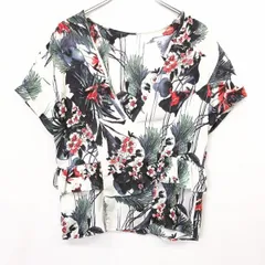 【中古】[印象AB] ZARA TRAFALUC ザラ プルオーバー / シャツ / ブラウス レディース XS オフホワイト 白系 ポリ100% ウエストフリル 薄手 シフォン とろみ 花柄 Vネック 半袖のサムネイル