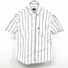 古着 ガッチャ GOTCHA シャツ 花柄のストライプ レギュラーカラー 半袖 胸ポケット 綿100% コットン M ホワイト×ベージュ×ネイビー 白 メンズ
