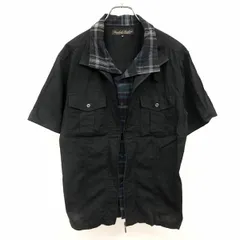 【中古】[印象AB] BAREBACK REALDRESS シャツ メンズ M ブラック×ダークグリーン×ネイビー 黒 綿100% ジップアップ(内側がボタン留め) チェック柄の生地は内側の襟と前立てのみ ハイネック 両胸フラップポケット レイヤード風 半袖