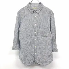 【中古】[印象AB] JOURNAL STANDARD ジャーナルスタンダード シャツ メンズ M 紺 麻100% ストライプ 襟周りに牛革の縁取り 7分袖 胸ポケット ロングテールのサムネイル