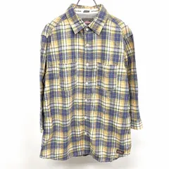 古着 ディッキーズ Dickies シャツ チェック 7分袖 両胸ポケット 綿×麻 L ネイビー×グリーン×イエロー×ホワイト 紺×緑×黄×白 メンズ 男性