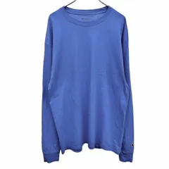古着 チャンピオン Champion Tシャツ 左袖にロゴパッチ 長袖 丸首 カットソー ロングスリーブ 綿100% コットン100% L ブルー 青 メンズ