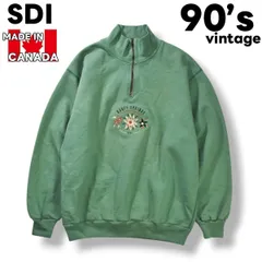 90s ヴィンテージ カナダ製 SDI 花柄 刺繍 ゴルフ デザイン ハーフジップ スウェット トレーナー プルオーバー ハイネック 裏起毛 M グリーン アメリカン カジュアル ストリート メンズ
