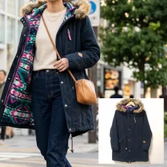 ​極暖ボアライナー付き【TITICACA】チチカカ 3WAY モッズコート 裏地 フリース ネイティブ柄 エスニック ファー取り外し可 コットン 綿 ブラック 黒 レディース サイズL /M44375jQ