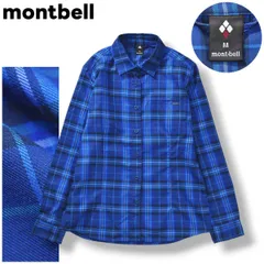 【美品】 モンベル montbell WIC．O．D． 長袖 シャツ シングルポケット ラウンドヘム ワンポイント ロゴ M チェック柄 ブルー アウトドア カジュアル ウェア タウンユース レジャー レディース ♪
