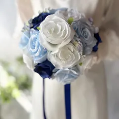 白バラ×水色×ブルーラウンドブーケ☆ブートニア