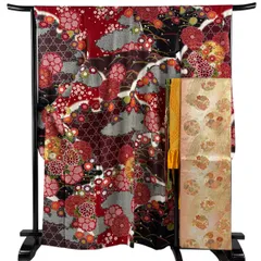 【美品】 振袖 身丈166cm 裄丈66.5cm M 袷 袋帯フルセット 菊 草花 銀通し 金糸 赤 正絹 名品 【中古】