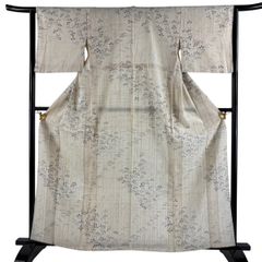 E◇着物くつろぎ 夏物 本場小千谷 草花 薄青色 小紋 麻 薄物 絽 紗 