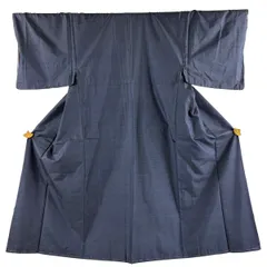 男着物 身丈146.5cm 裄丈68.5cm M 袷 アンサンブル 紬 幾何学模様 紺色 正絹 秀品 【中古】