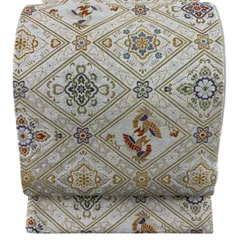 【美品】 袋帯 秀品 向かい鳥 華文 刺繍 金糸 クリーム 六通 正絹 【中古】