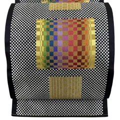 【美品】 名古屋帯 秀品 八寸名古屋帯 松葉仕立て 市松 金糸 刺繍 黒 正絹 【中古】