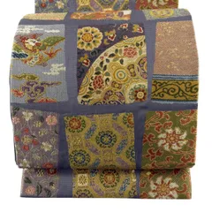 【美品】 袋帯 名品 花鳥 寄せ柄 金糸 箔 灰紫 六通 正絹 【中古】
