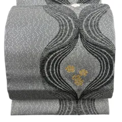 【美品】 袋帯 名品 花 よろけ縞 箔 銀糸 灰色 六通 正絹 【中古】