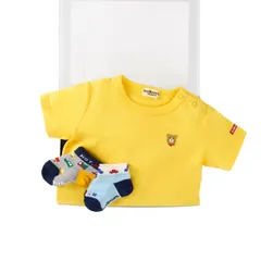 新品 [MIKIHOUSE HOT BISCUITS] [ミキハウス ホットビスケッツ] Tシャツ＆ソックスセット ギフトセット 男の子 女の子 ベビー 子供服 出産祝い ベビーギフト 【BOX付き】 黄 90cm 74-9937-490
