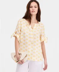 チャータークラブ レディース トップス シャツ リネン Charter Club Womens 100 Linen SplitNeck TieCuff Top Created for Macys Palm Corn Silk
