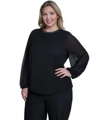 カルバンクライン レディース トップス シャツ クルーネック プラスサイズ ブラウス 長袖 Calvin Klein Plusize Crew Neck LongSleeve Blouse Black ブラック