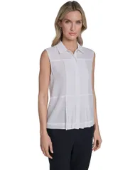 カルバンクライン レディース トップス シャツ プリーツ ノースリーブラウス Calvin Klein Womensleeveless Pleated Front Blouse White ホワイト