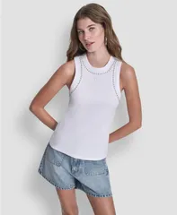 ダナキャランニューヨーク レディース トップス タンクトップ クルーネック DKNY Jeans Womens Crew Neck Tank Top With Dome Studs White ホワイのサムネイル