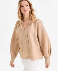 【送料無料】 アイエヌシー インターナショナル コンセプト レディース シャツ トップス Womens Long Sleeve LinenBlend Blouse Macys Exclusive Honey Oat