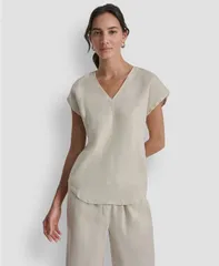 ダナ キャラン ニューヨーク レディース トップス シャツ Vネック 半袖 リネン DKNY Womens Linen VNeck ShortSleeve Shirt Naturalのサムネイル