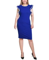 ニューヨークコレクション レディース トップス ワンピース プチ フリル コントラスト NY Collection Petite Ruffle Sleeve Dress with Contrastipping Sapphire White ホワイト