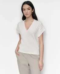 ダナ キャラン ニューヨーク レディース トップス シャツ リブ セーター 半袖 DKNY Womens Ribbed ShortSleeve Sweater Ivory アイボリーのサムネイル