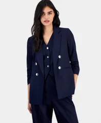 【送料無料】 バースリー レディース ジャケット・ブルゾン ブレザー アウター Womens LinenBlend ScrunchSleeve Blazer Macys Exclusive Bar Navy