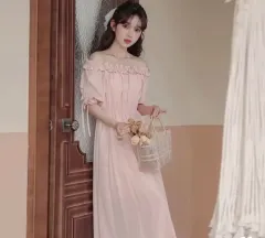 在庫処分|フリル オフショルダー シャーリング フレア ウエストゴム ロング丈ワンピース