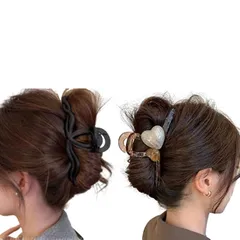 ヘア クリップ まとめ髪 バレッタ リボン パール シフォン バンス 髪留め 2個 セット 髪飾り (C (マットブラック＆ハート)) [C (マットブラック＆ハート)]