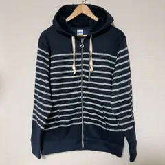 (^w^)b OUTDOOR PRODUCTS アウトドアプロダクツ 裏ボア ボーダー ジップパーカー ネイビー ホワイト 紺 白  フルジップ 防寒 厚手 フーディー 秋冬 人気 定番 古着 カジュアル ストリート メンズ サイズL  OM11537YSのサムネイル