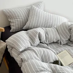 新品 「§ｚｚ．ｌｕｘｉ」布団カバーセット セミダブル 4点セット ins ストライプ 無地 コントラストカラー シンプル 寝具カバー 洋式・和式兼用 ベッドカバー 掛け布団カバー ボックスシーツ 枕カバー シーツカバー 肌に優しい ピーチスキン加工 北欧風