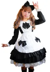 新品 [尚基製造] メイド 服 ゴスロリ 萌え コスプレ 衣装 フリル ロリータ カチューシャ 付き 4点 セット 清楚 可憐 ウェイトレス レディース ドレス 喫茶店 遊園地 可愛いメイド服 コスプレ 衣装 長袖 (5XL ブラック)