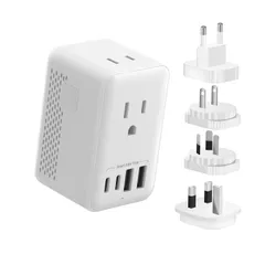 海外旅行用変圧器 220V→100V 変換｜ACコンセント2口＋USB-C×2・USB-A×2｜C/BF/O/A変換プラグ一体型｜アメリカ・ヨーロッパ・韓国・オーストラリア・イギリス・中国など対応｜軽量 旅行・出張用（海外専用）白