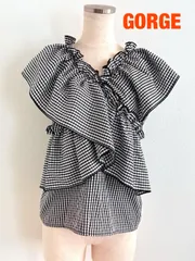 【新品】GORGE　ゴージ　クロスギャザーチェックブラウス　定価5489円　F（フリー）　ブラック　オフホワイト　春夏　可愛い　おしゃれ　お出掛け　送料込み　6466011