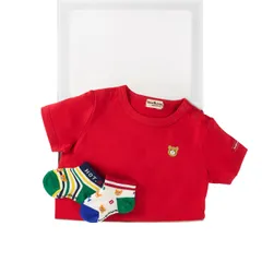 新品 [MIKIHOUSE HOT BISCUITS] [ミキハウス ホットビスケッツ] Tシャツ＆ソックスセット ギフトセット 男の子 女の子 ベビー 子供服 出産祝い ベビーギフト 【BOX付き】 赤 90cm 74-9937-490