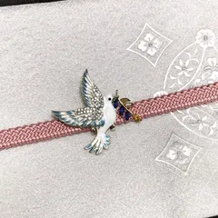 帯留め ブローチ 青い鳥 帯飾り アレンジ色々 可愛い 和装小物 青と黄色の葉っぱ 緑の葉っぱ