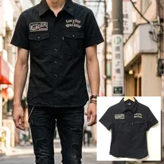 <!-利用不可文字-!>武骨なルードスタイル【JACKROSE】ジャックローズ 半袖 ワークシャツ 刺繍 パッチ コットン 綿100% ブラック 黒 バイカー ロックテイスト パンク系 タイト メンズ サイズ3 L相当 /M44388jQのサムネイル