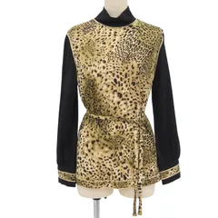 極美品▲LEONARD レオナール ウール シルク ベルト付き レオパード柄 ハイネック ロングスリーブ 長袖ニット マルチ LL 日本製 正規品 レディース