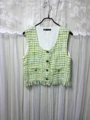 ZARA グリーン フリンジ スタイル ツイード ベスト