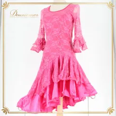 社交ダンス 衣装 ラテン ドレス ワンピース パーティドレス ICHIOKU ピンク系 レース フリル アシンメトリー アシメ 花柄 華やか ラテン衣装 フレアワンピース フリル袖 七分袖 チュールレース 花柄レース 総レース ピンクドレス エレガント