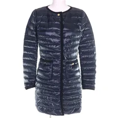 極美品△Herno ヘルノ PI1055D-12017 ロゴプレート ノーカラー ライト ダウンコート 軽量 ネイビー 38 正規品 イタリア製 レディース