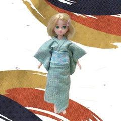 1/6ドール用アウトフィット　浴衣二点セット　緑色×丸柄　水色×麻の葉帯　明るい夏祭り
