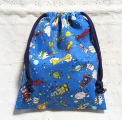 ハンドメイド、ロボット柄の給食袋、巾着袋、コップ入れ、青